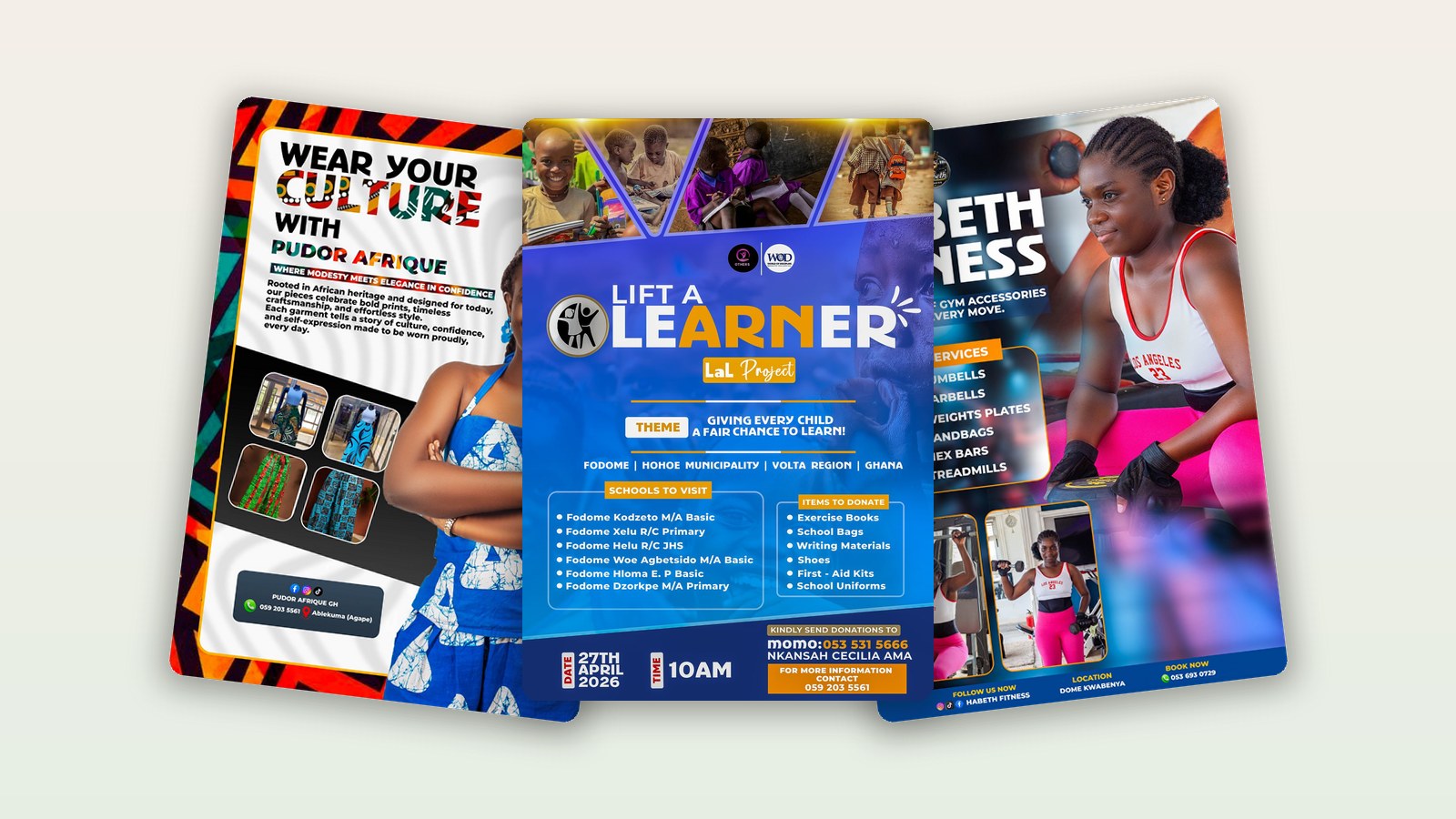 Three flyers designed by Afrometra — Pudor Afrique, Lift a Learner, and Habeth Fitness