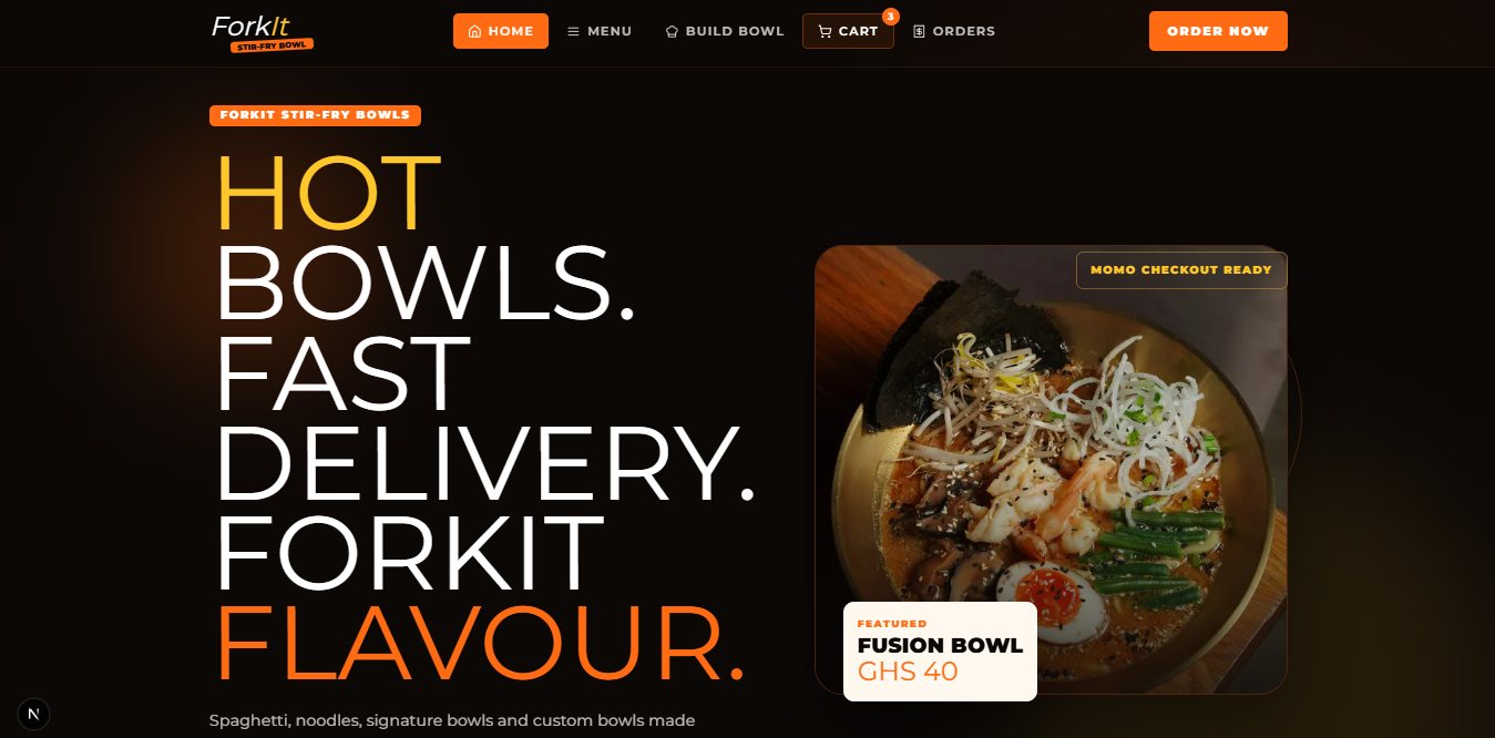 ForkIt stir-fry bowl ordering site — hero, menu navigation, and cart