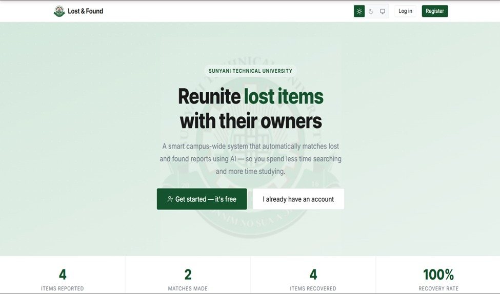 Sunyani Technical University Lost & Found — landing page with recovery stats